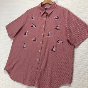 BonWorth Gingham Sailboat Embroidered Button Down‎ Short Sleeve Shirt Size Large